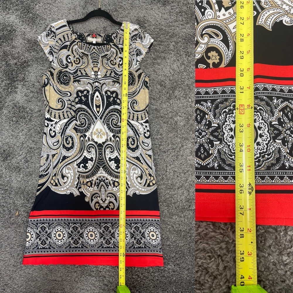 Dress barn Black, Tan, white, red geometric paisley Patterned Dress size 10 - Picture 13 of 16
